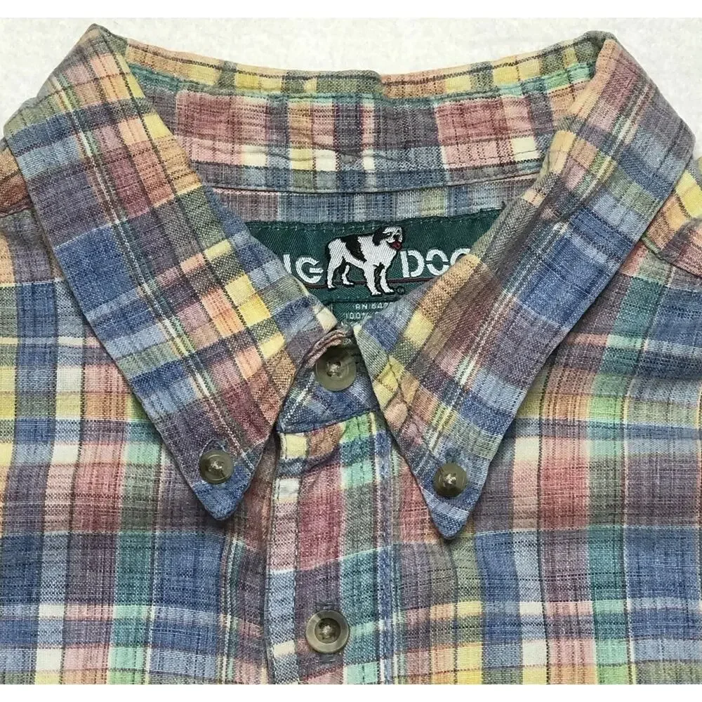 Big Dogs Shirt Men's Medium Blue Red Green Plaids Camp Style Cotton Short Sleeve